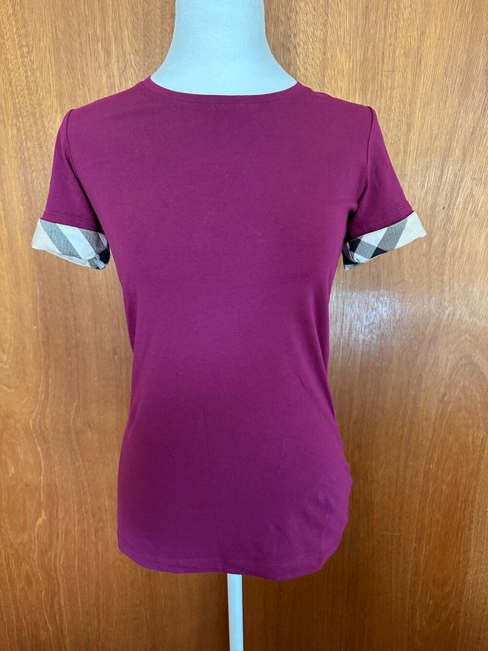 NWT! Burberry Woman's Cotton T-shirt Check Short Sleeve In Magenta Pink Size XS